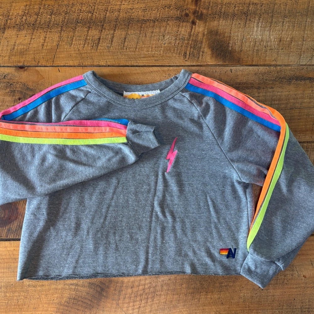 Aviator Nation Womens Neon Rainbow Cropped Pink Lightning Bolt Sweatshirt Medium
